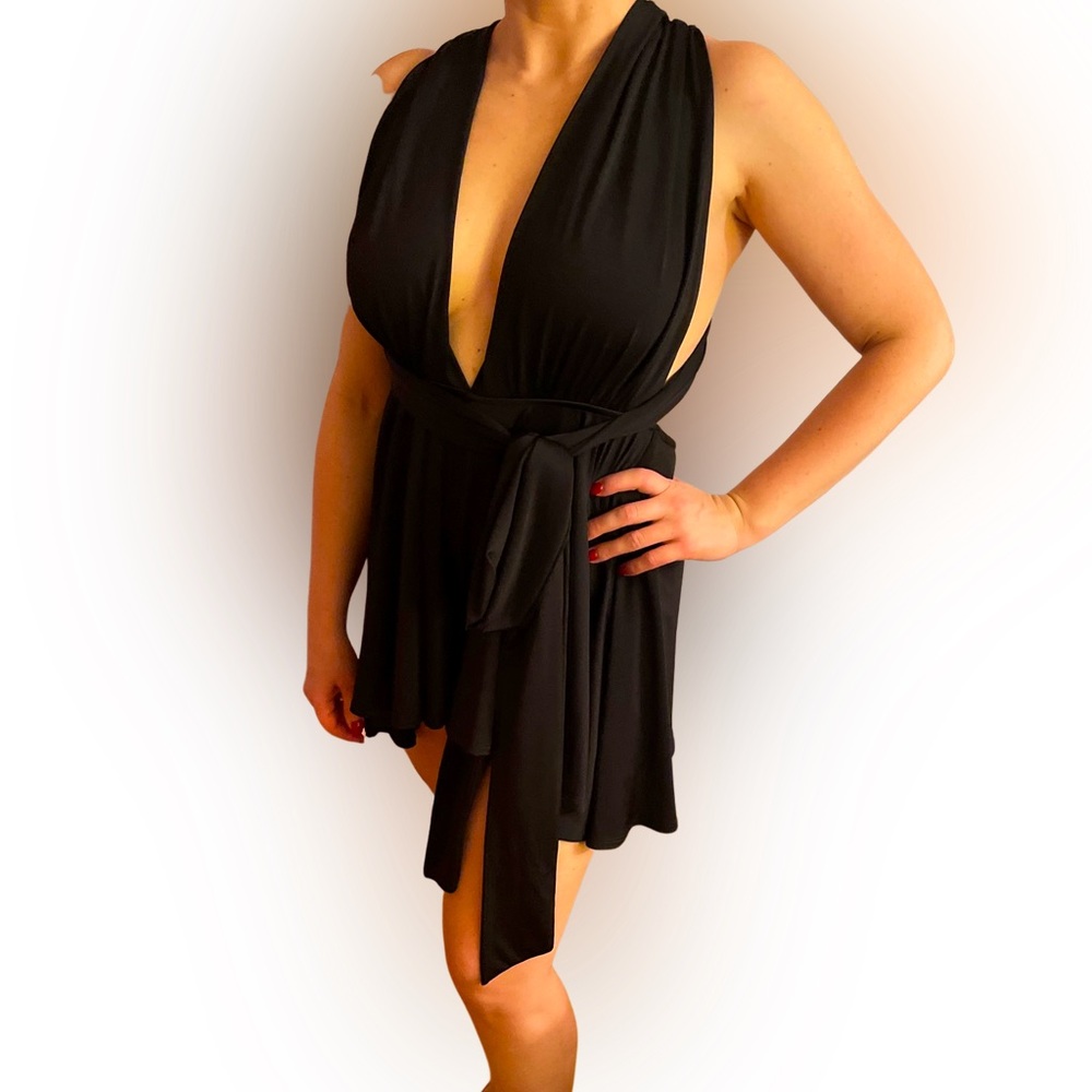 Black satin sexy romper dress